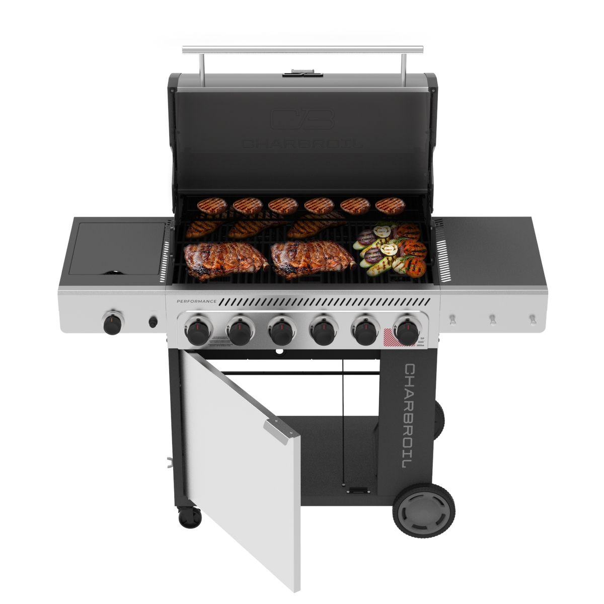 Char-Broil Performance Series™ FlavorMax™ 6 Burner Gas Grill Cabinet with Sear Burner and Side Burner Gray Stainless product view 3