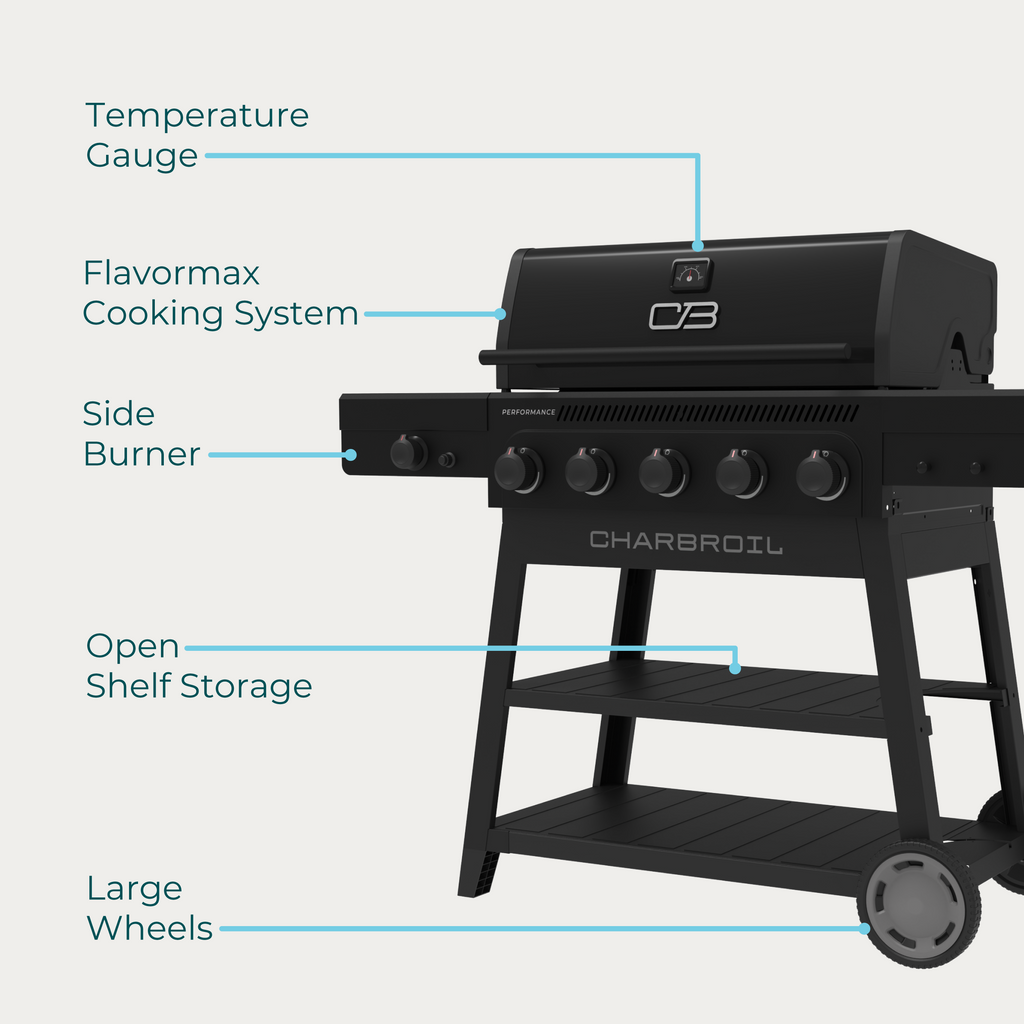 Char-Broil Performance Series™ FlavorMax™ 5 Burner Gas Grill Cart with Side Burner Blackout product view 7