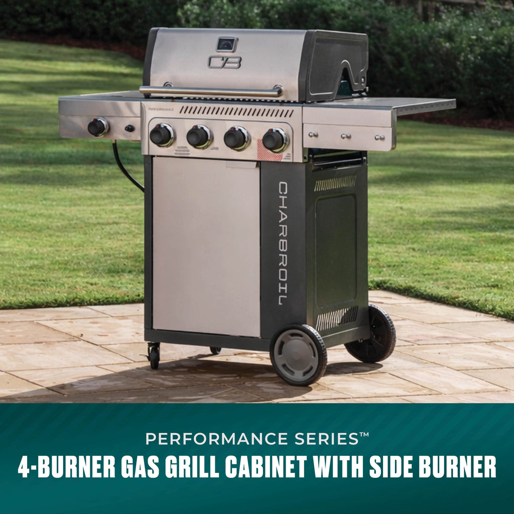 Char-Broil Performance Series™ 4-Burner Gas Grill with FlavorMax™ and Side Burner, (Sear Burner, Cabinet, Gray/Stainless Steel) product view 1