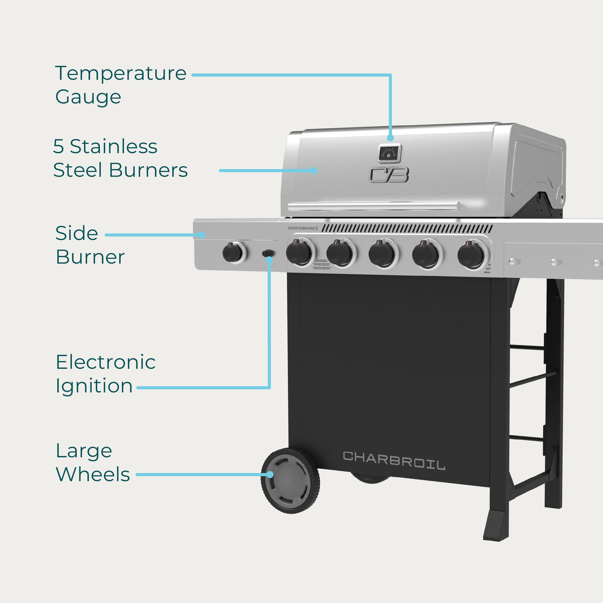 Char-Broil Performance Series™ 5 Burner Cart Gas Grill with Side Burner Black Stainless product view 8