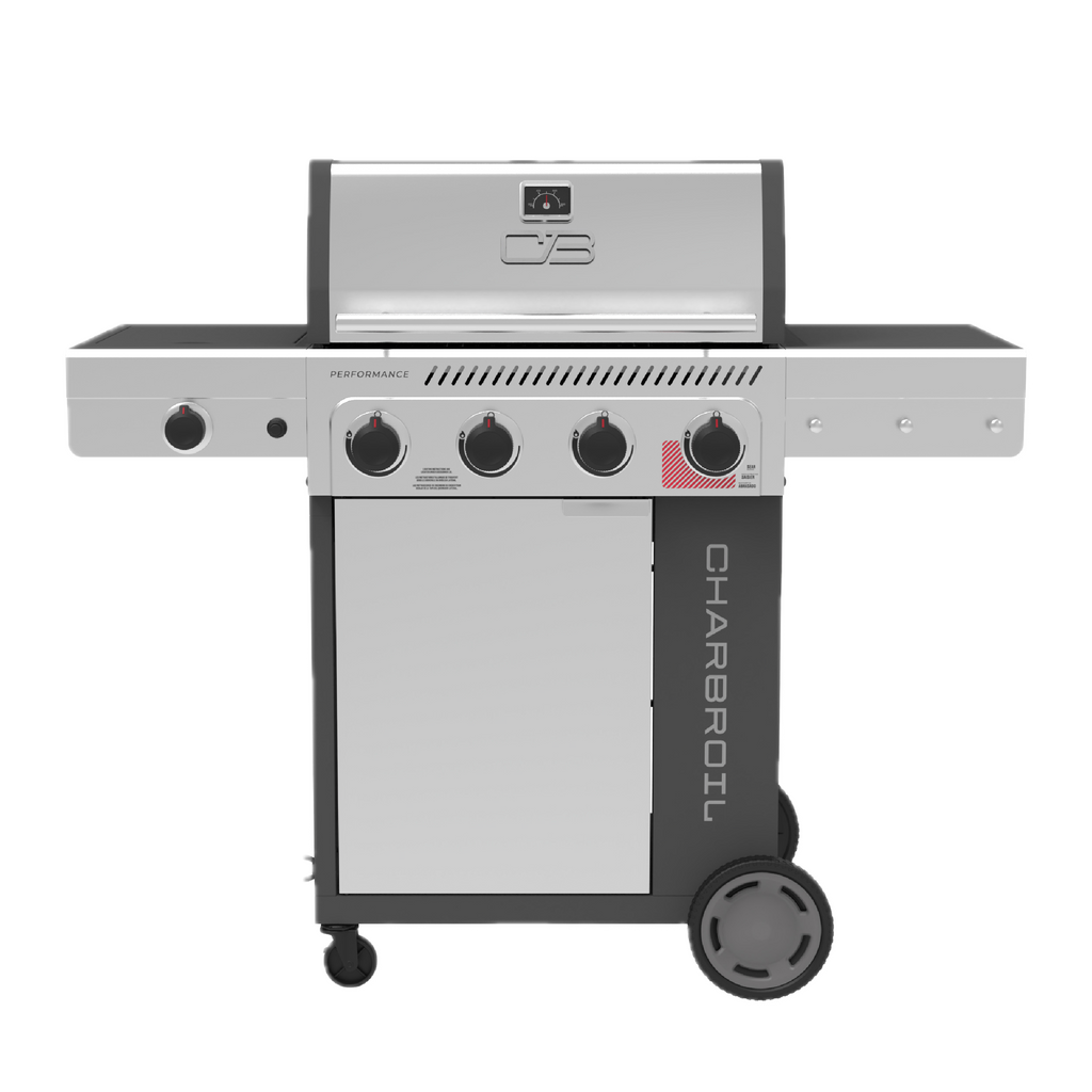 Char-Broil Performance Series™ 4-Burner Gas Grill with FlavorMax™ and Side Burner, (Sear Burner, Cabinet, Gray/Stainless Steel)