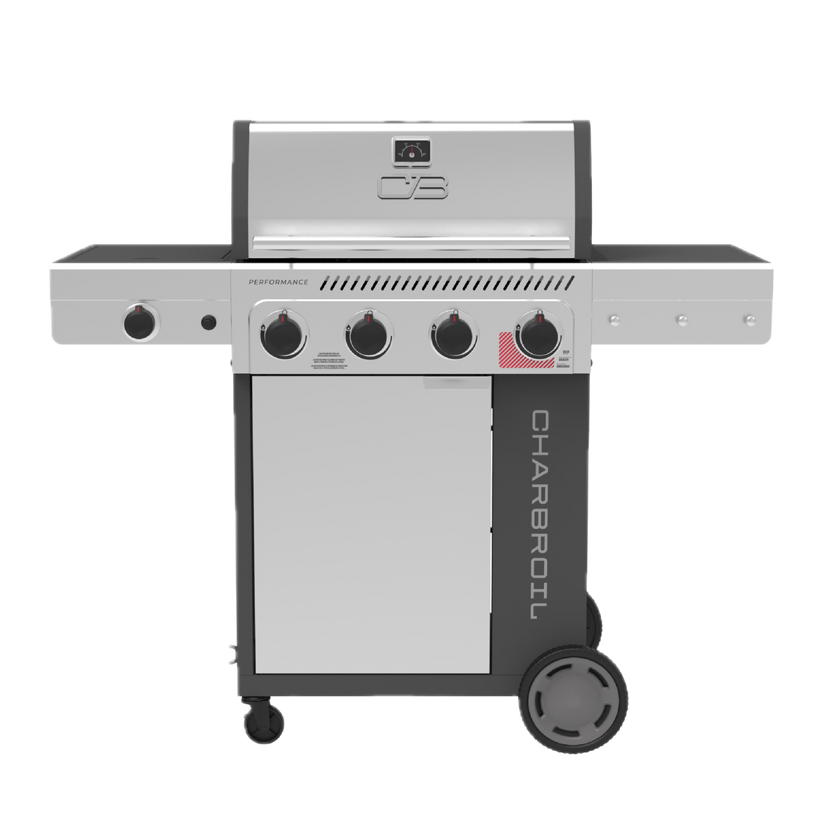 Char-Broil Performance Series™ 4-Burner Gas Grill with FlavorMax™ and Side Burner, (Sear Burner, Cabinet, Gray/Stainless Steel)