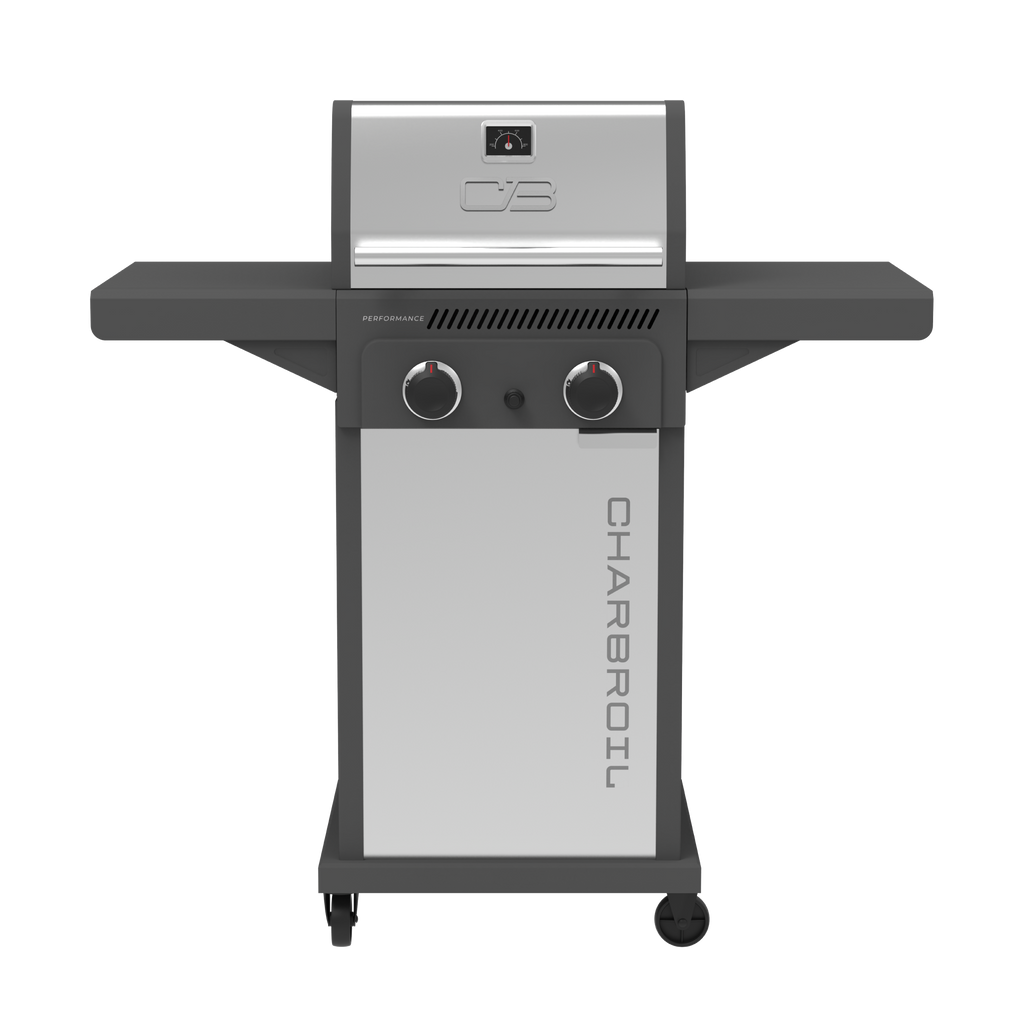 Char-Broil Performance Series™ FlavorMax™ 2 Burner Gas Grill Cabinet with Foldable Side Shelves Gray Stainless