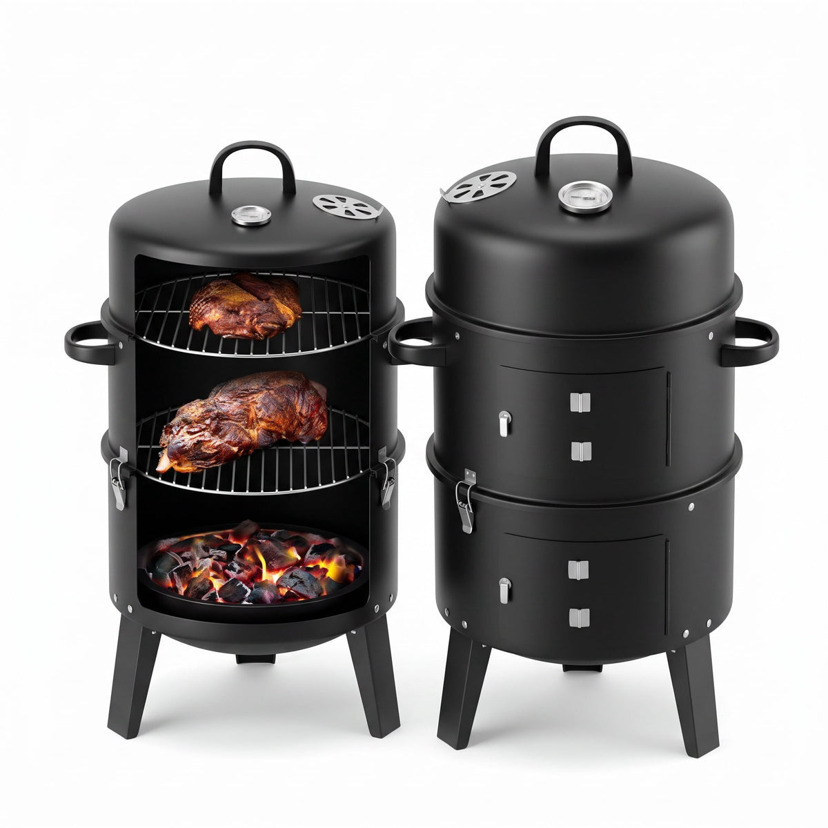 Biotree Outdoor Vertical Charcoal Grill with Lid, Smokeless BBQ Smoker, 360° Even Heating Wood Fired Grill, Charcoal BBQ Cooker for Backyard Patio Camping Cooking Black
