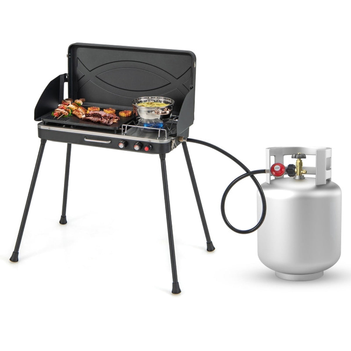 Biotree 2-in-1 Portable Gas Camping Grill and Stove, 20,000 BTU Propane Tabletop BBQ Grill, Foldable Camp Stove with Detachable Legs for Camping Picnic Backyard Black