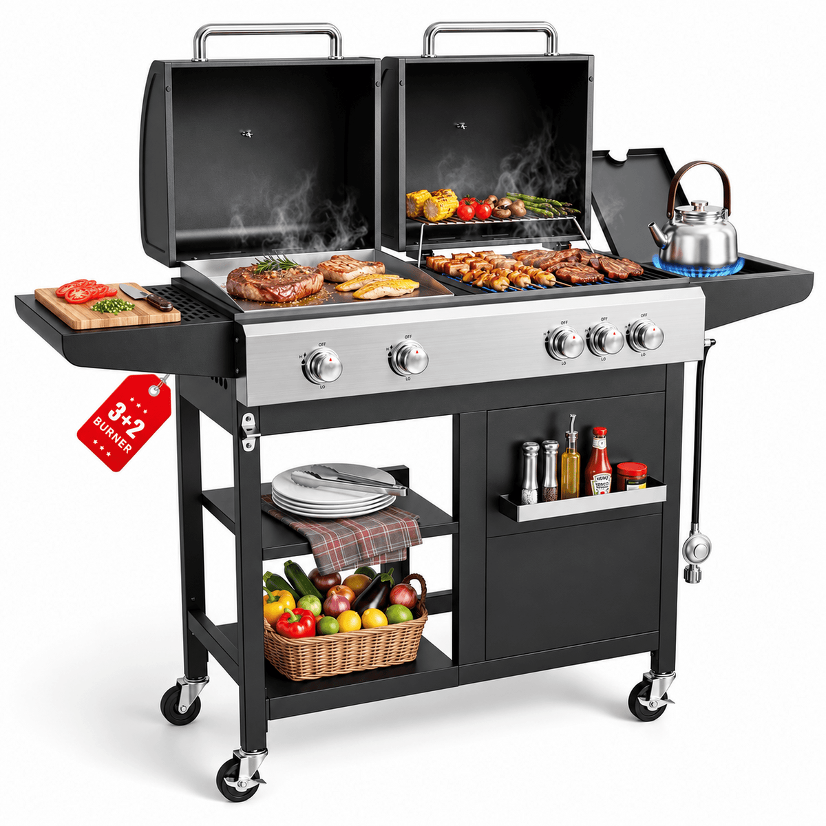 Biotree 5-Burner Propane Gas Grill and Griddle Combo, 54,000 BTU Dual Fuel BBQ Grill with Side Burner for Backyard, Patio Outdoor Cooking & Entertaining