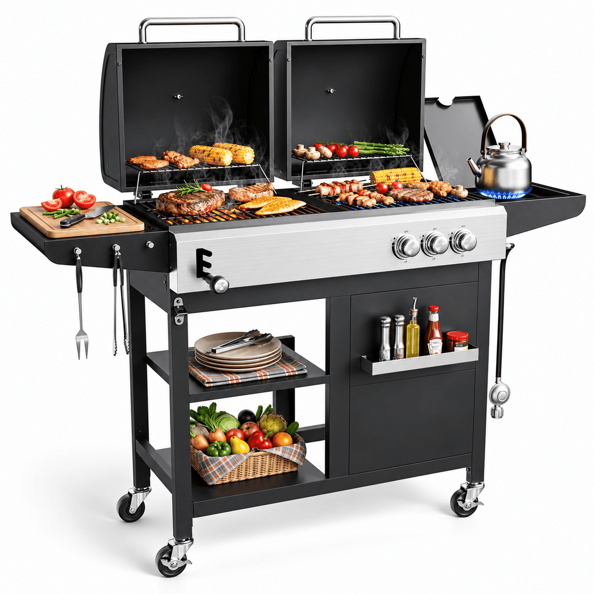 Biotree 3-Burner Gas and Charcoal Grill Combo, Dual Fuel 54,000 BTU BBQ Propane Grill with Side Burner for Backyard BBQ, Outdoor Cooking & Camping