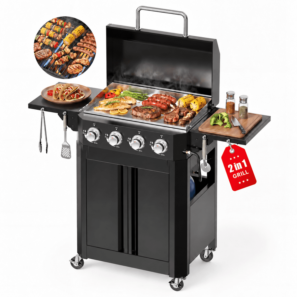 Biotree 4 Burner Propane Gas Grill and Griddle with Folding Side Tables,2 in 1 Griddle Grill Combo ,40000BTU Stainless Steel Propane Grill for Outdoor Patio Cooking