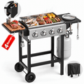 Biotree 4-Burner Propane Gas Griddle with Stainless Steel Pan,42,000 BTU Flat Top BBQ Grill with Two Foldable Shelves and Griddle Cover for Outdoor Camping Patio