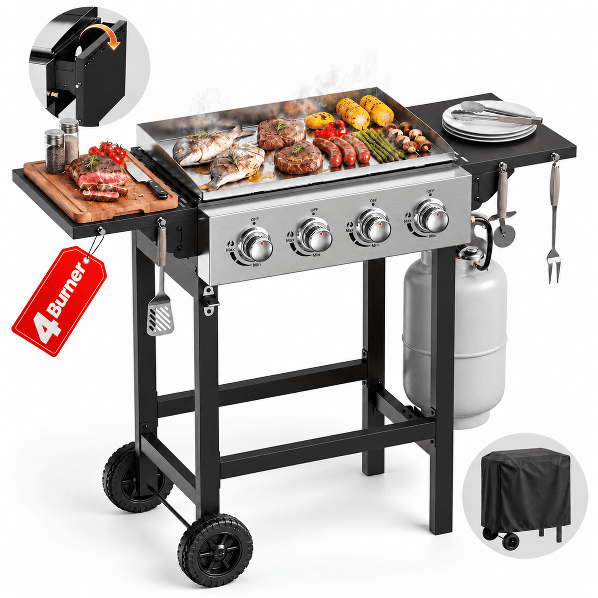 Biotree 4-Burner Propane Gas Griddle with Stainless Steel Pan,42,000 BTU Flat Top BBQ Grill with Two Foldable Shelves and Griddle Cover for Outdoor Camping Patio