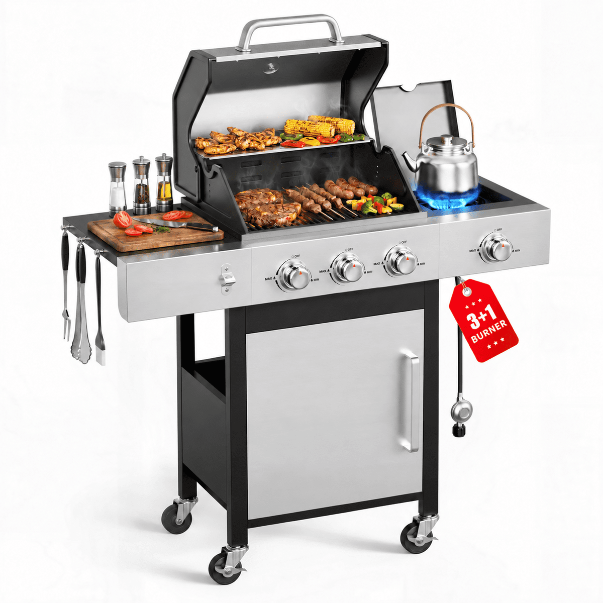 Biotree 3 Burner Gas Grill with Side Burner,40800 BTU Barbecue Grill Propane Stainless Steel BBQ Grill with Porcelain-Enameled Cast Iron Grates for Outdoor Cooking