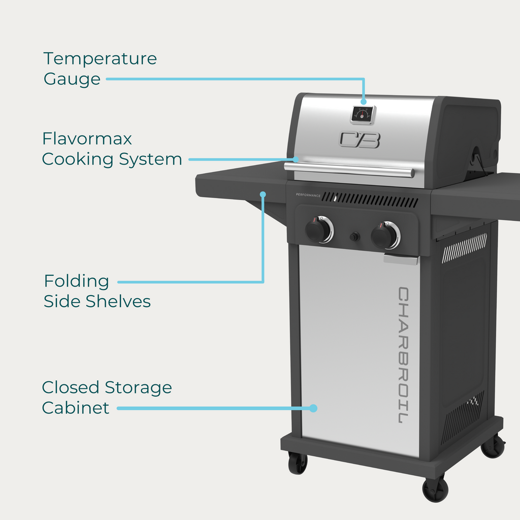 Char-Broil Performance Series™ FlavorMax™ 2 Burner Gas Grill Cabinet with Foldable Side Shelves Gray Stainless product view 4
