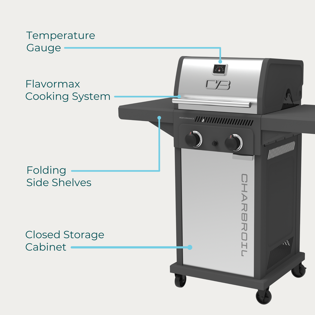 Char-Broil Performance Series™ FlavorMax™ 2 Burner Gas Grill Cabinet with Foldable Side Shelves Gray Stainless product view 4