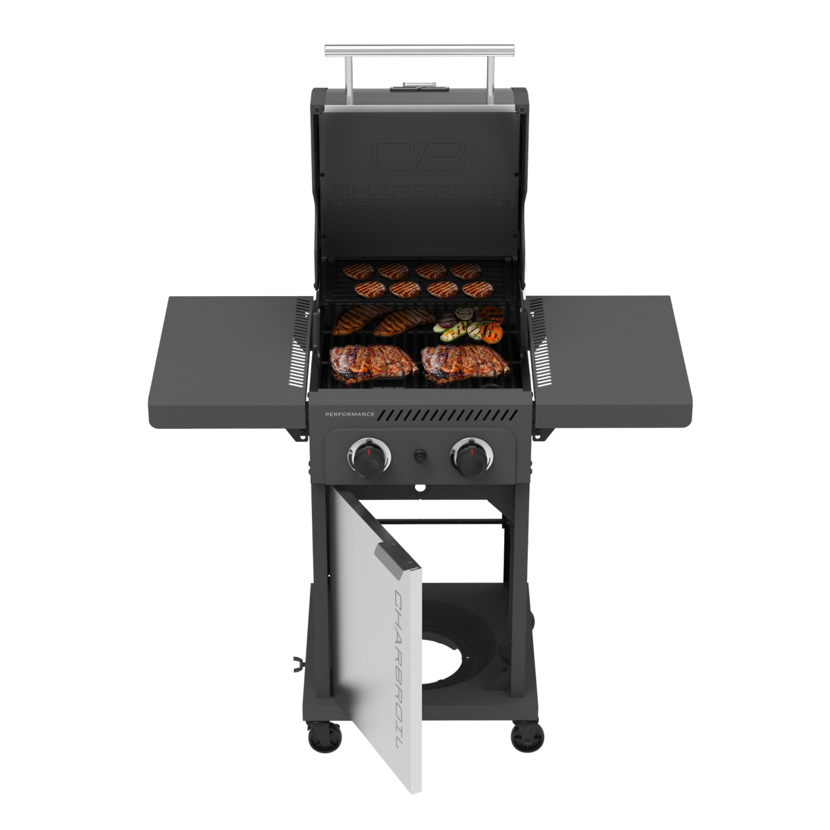 Char-Broil Performance Series™ FlavorMax™ 2 Burner Gas Grill Cabinet with Foldable Side Shelves Gray Stainless product view 2