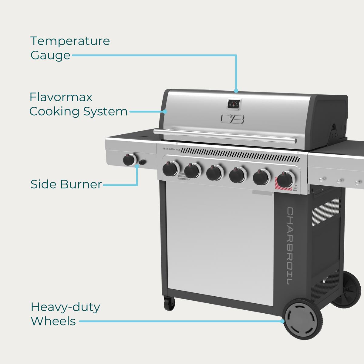 Char-Broil Performance Series™ FlavorMax™ 6 Burner Gas Grill Cabinet with Sear Burner and Side Burner Gray Stainless product view 11