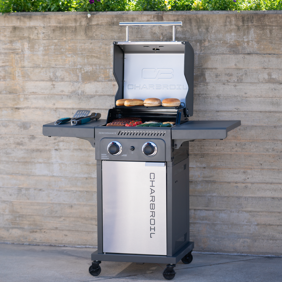 Char-Broil Performance Series™ FlavorMax™ 2 Burner Gas Grill Cabinet with Foldable Side Shelves Gray Stainless product view 8
