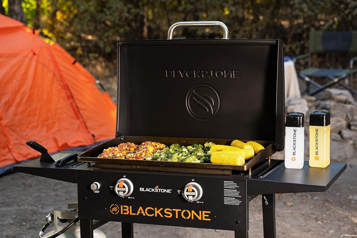 Blackstone 1883 28-inch griddle with hood, lifestyle view
